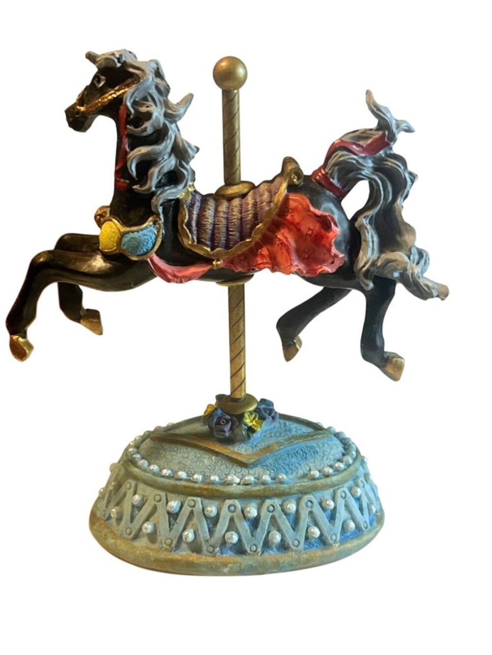 Hand-Painted Carousel Horse Figurine With Ornate Base Black Horse With Red & Gol